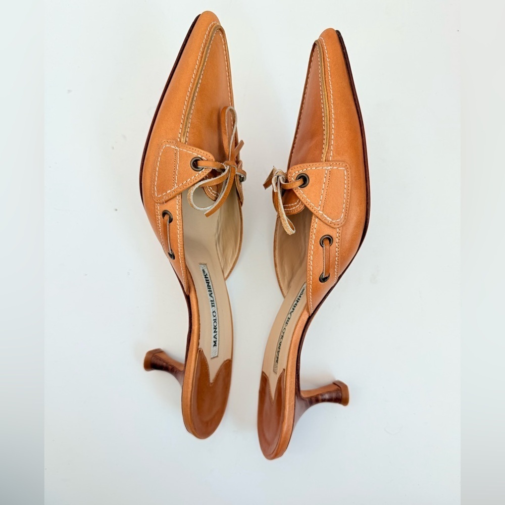 Manolo Blahnik Vintage Brown Leather Bow Lace Up Kitten Heel Mule pumps EU 38 - Picture 8 of 8